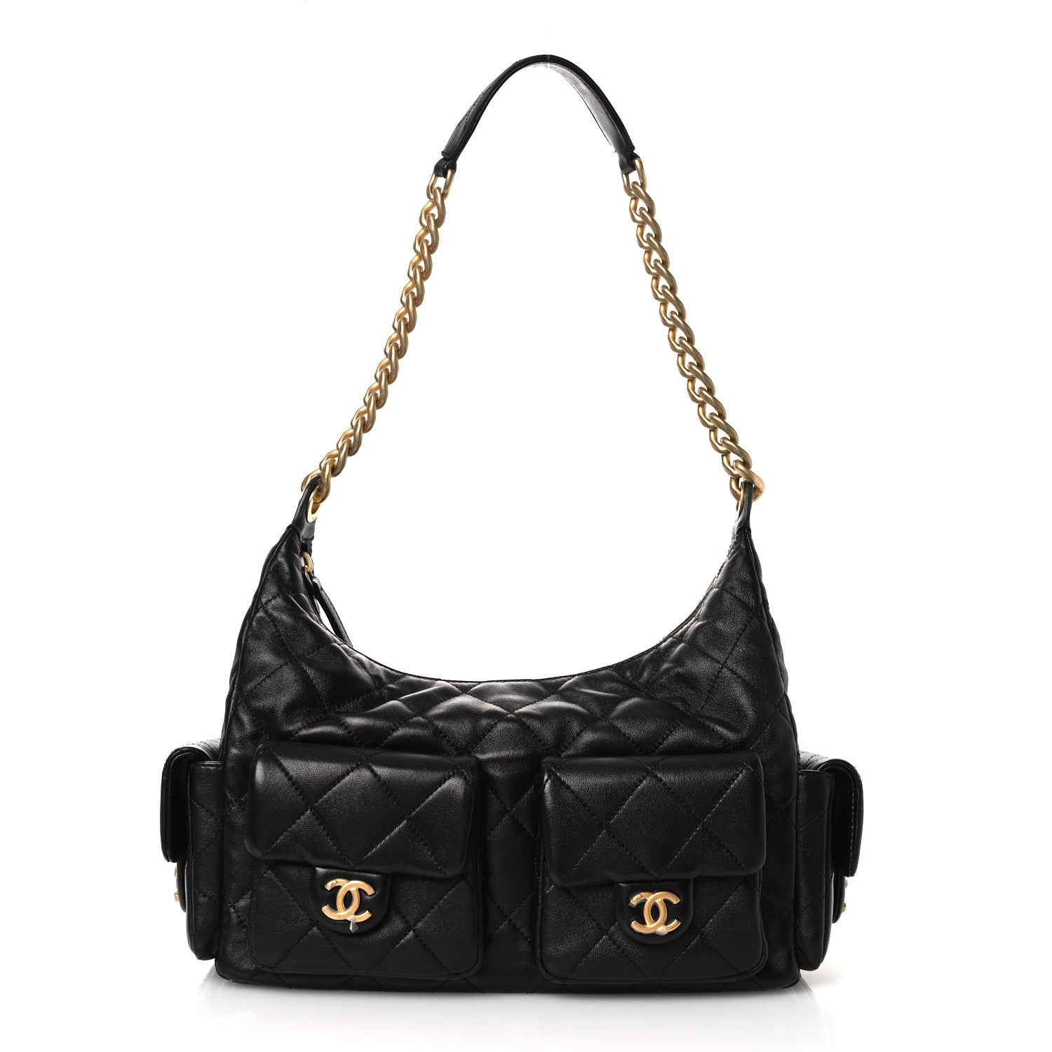 Shiny Lambskin Quilted Trendy Pockets Hobo Black