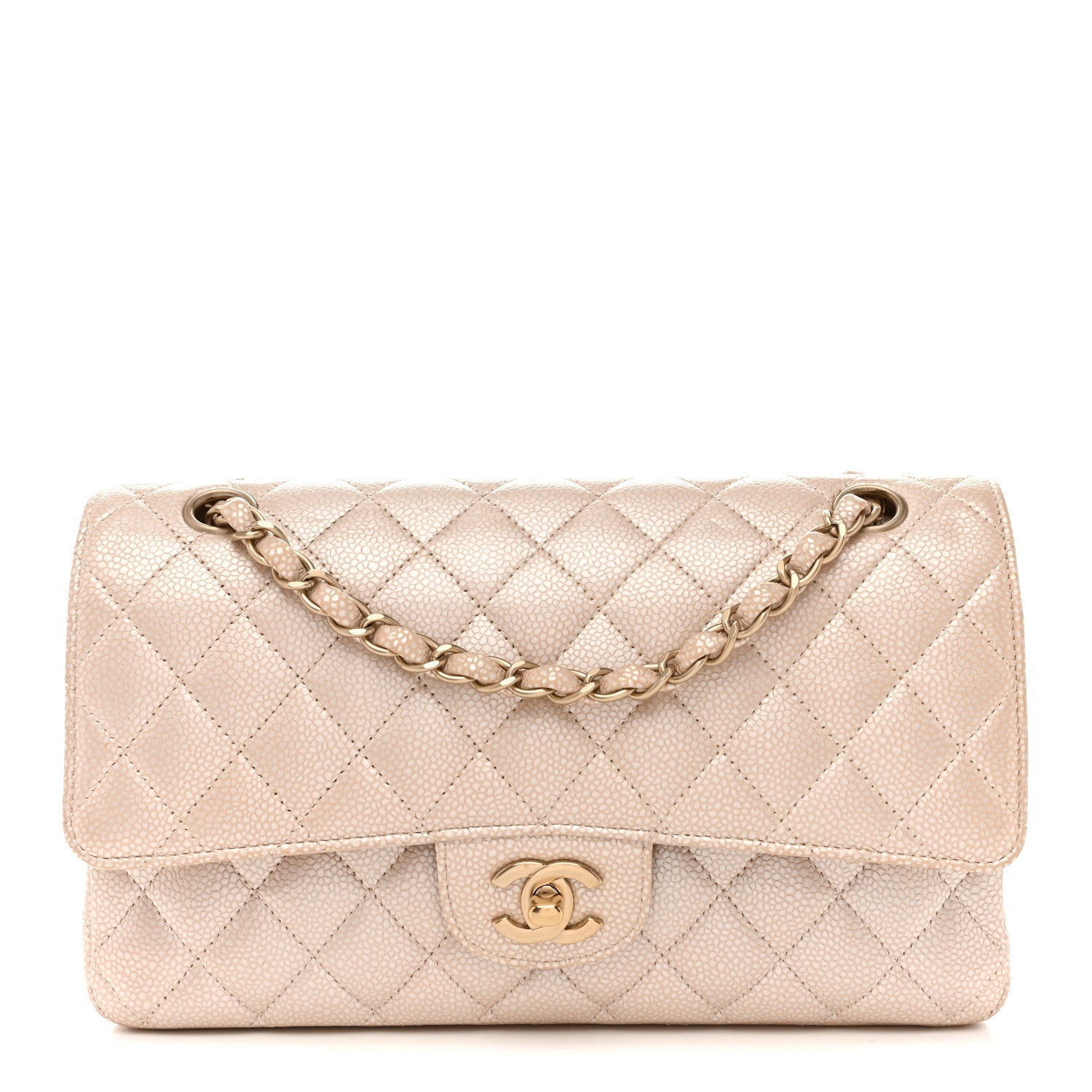 Pearly Caviar Quilted Medium Double Flap Light Beige