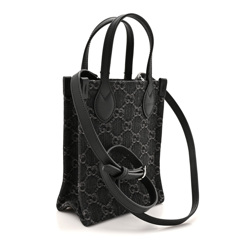 Denim GG Monogram Dollar Calfskin Mini Ophidia Tote Black Grey