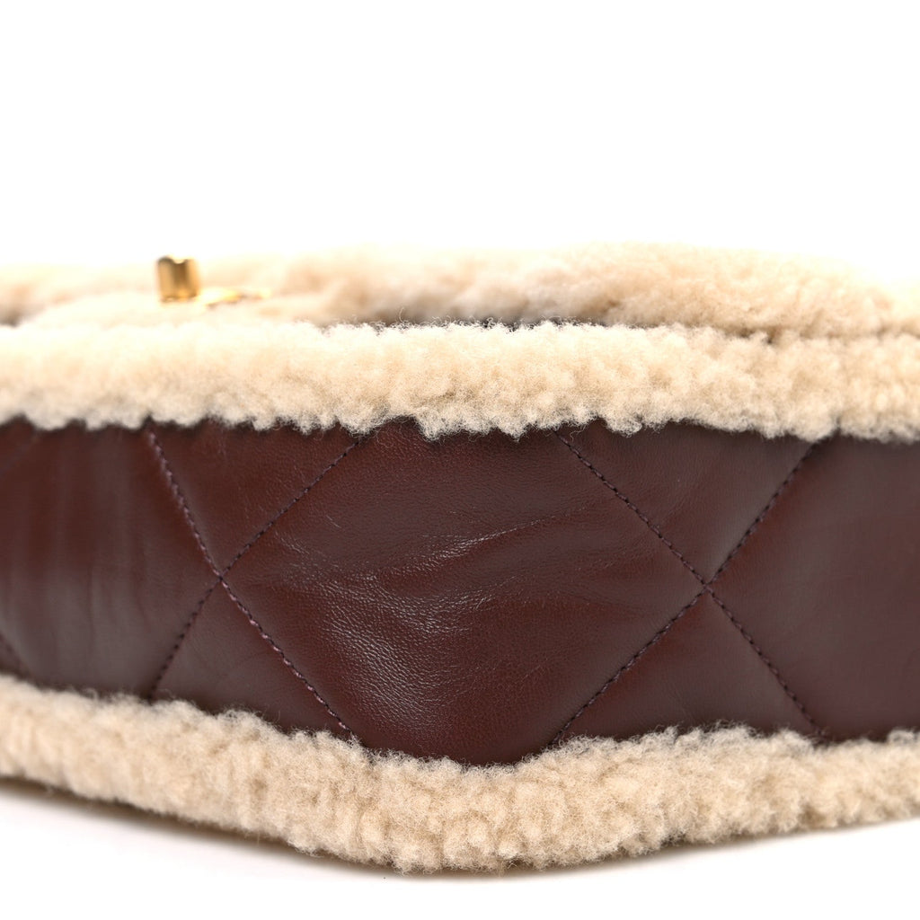 Shearling Lambskin Quilted Furry Coco Flap Dark Brown Beige