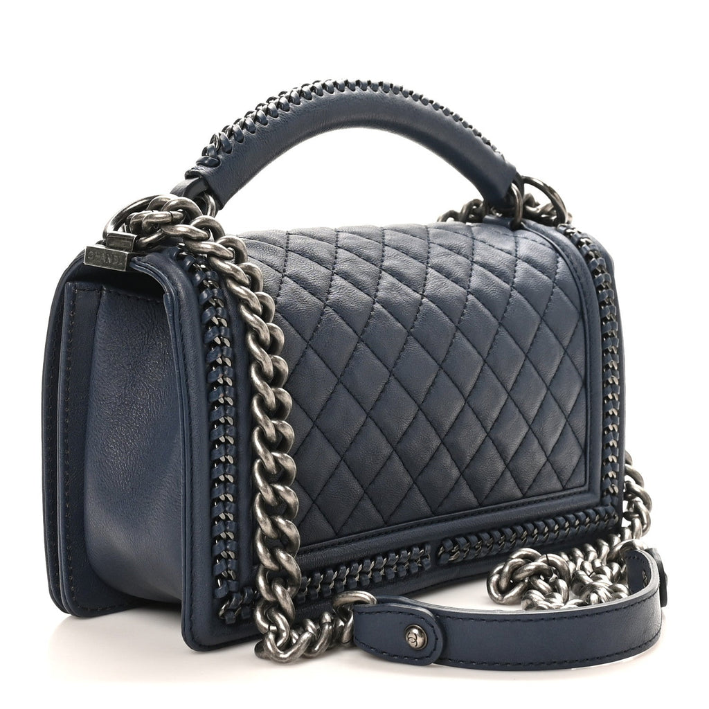 Calfskin Quilted Medium Top Handle Boy Flap Blue
