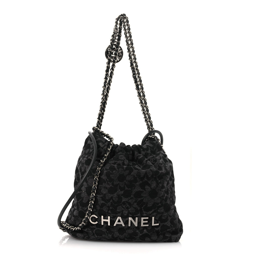 Denim Quilted Floral Print Mini Chanel 22 Black Grey