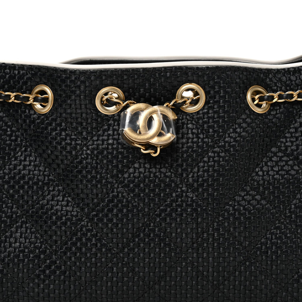 Braided Raffia Calfskin Quilted Mini Chanel 25 Handbag Black White