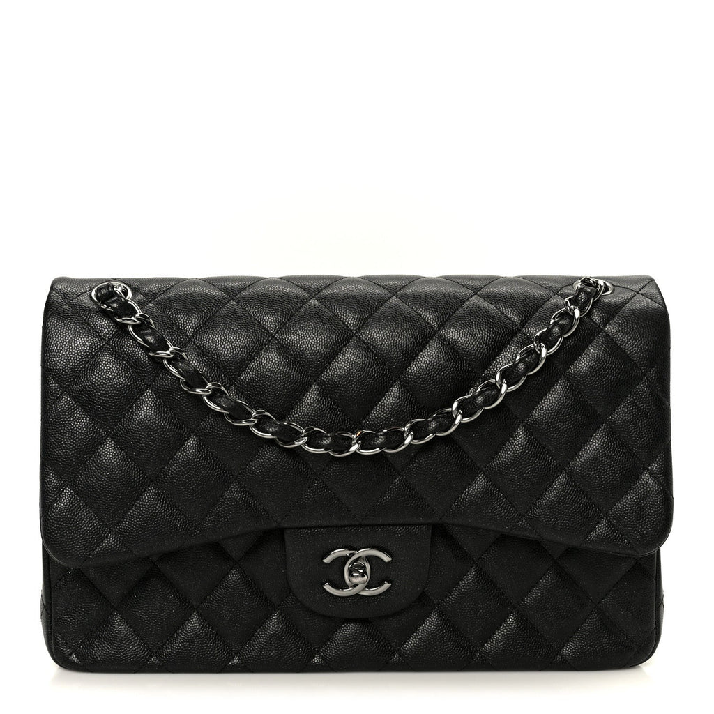 Iridescent Caviar Quilted Jumbo Double Flap Black