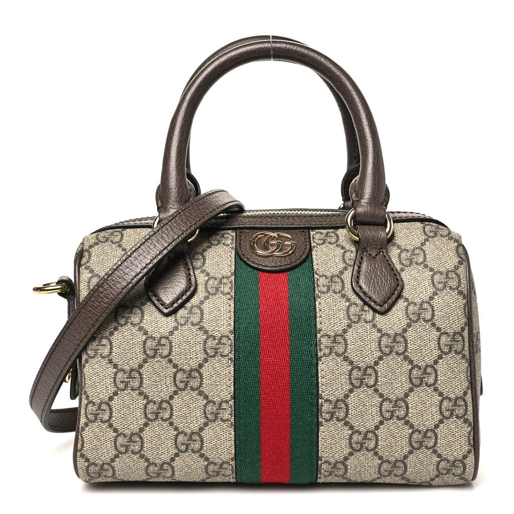 GG Supreme Monogram Textured Dollar Calfskin Web Mini Ophidia Top Handle Bowler Bag Beige Ebony New Acero