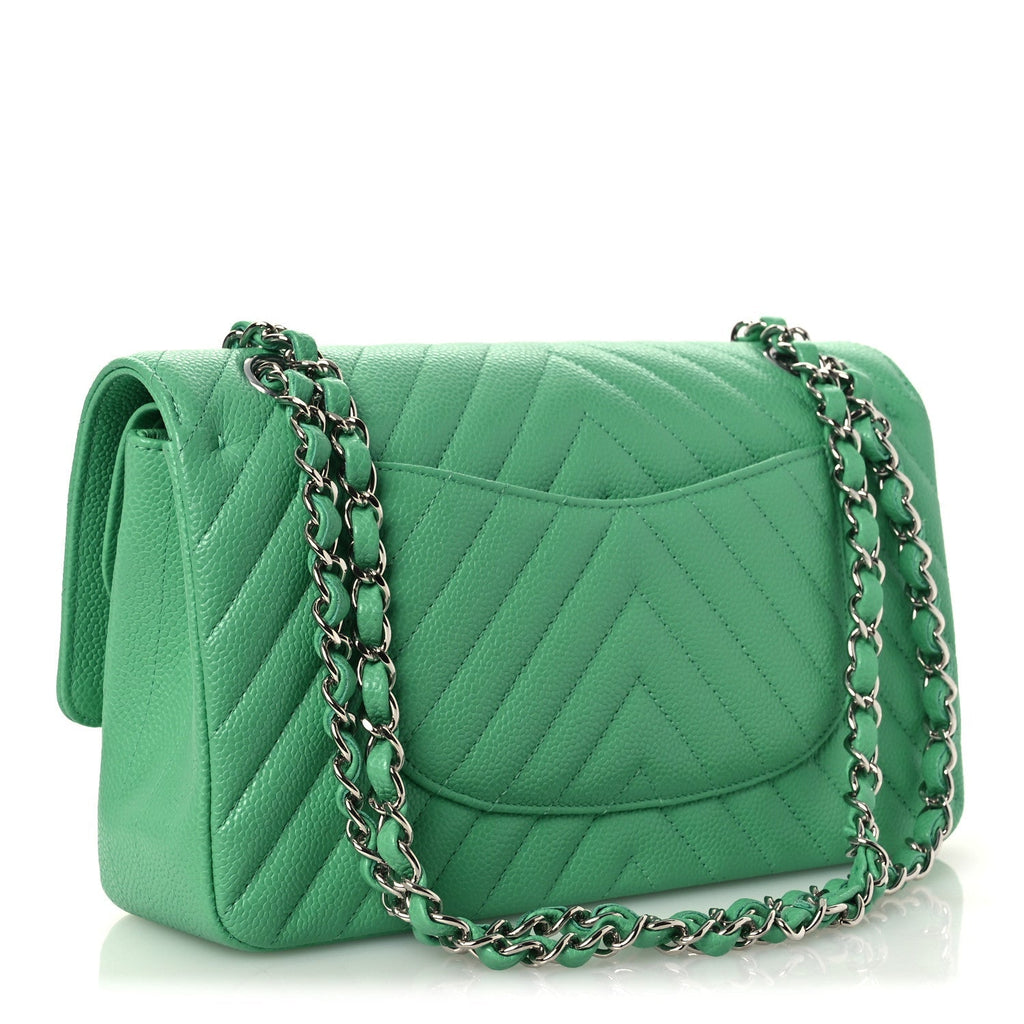 Caviar Chevron Quilted Medium Double Flap Green