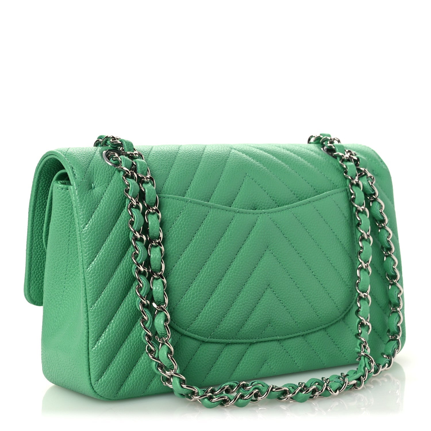 Caviar Chevron Quilted Medium Double Flap Green
