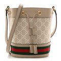 GG Supreme Monogram Textured Calfskin Web Mini Ophidia Bucket Bag Beige Ebony Mystic White Oatmeal