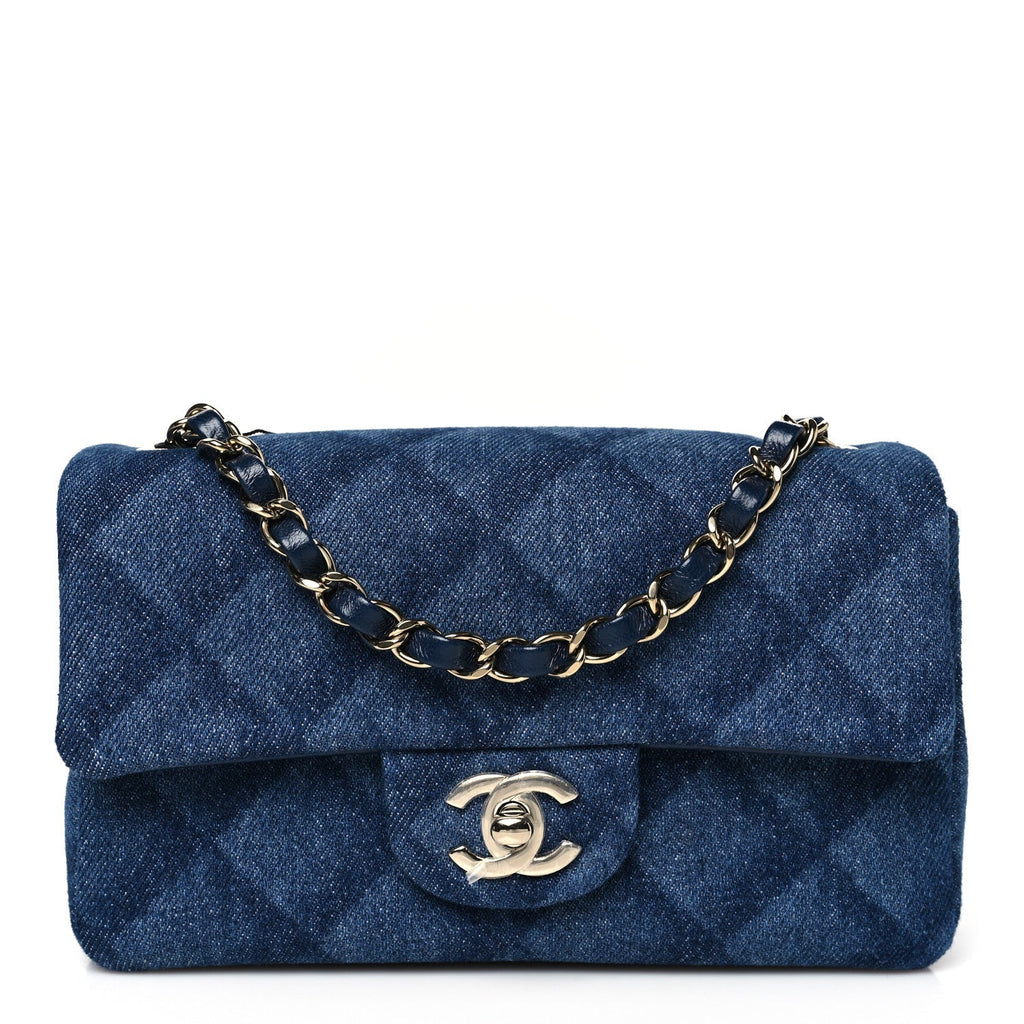 Printed Denim Quilted Mini Rectangular Flap Dark Blue