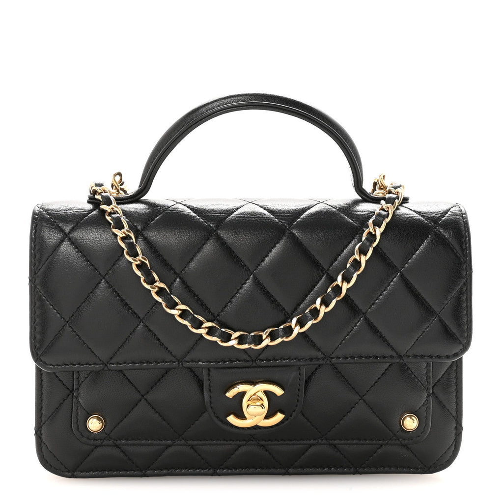 Lambskin Quilted Preppy Satchel Wallet On Chain WOC Black