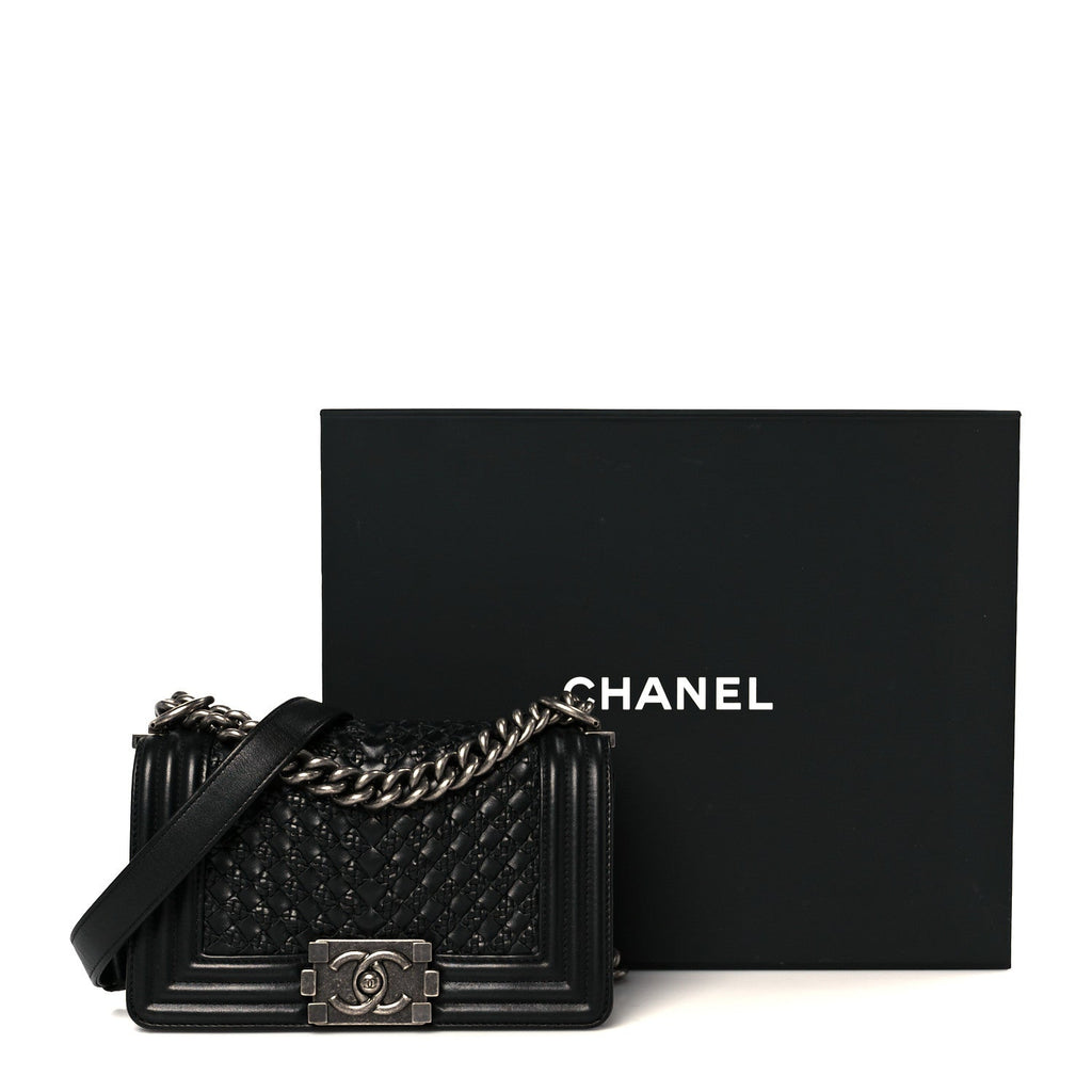 Lambskin Braided Woven Small Boy Flap Black