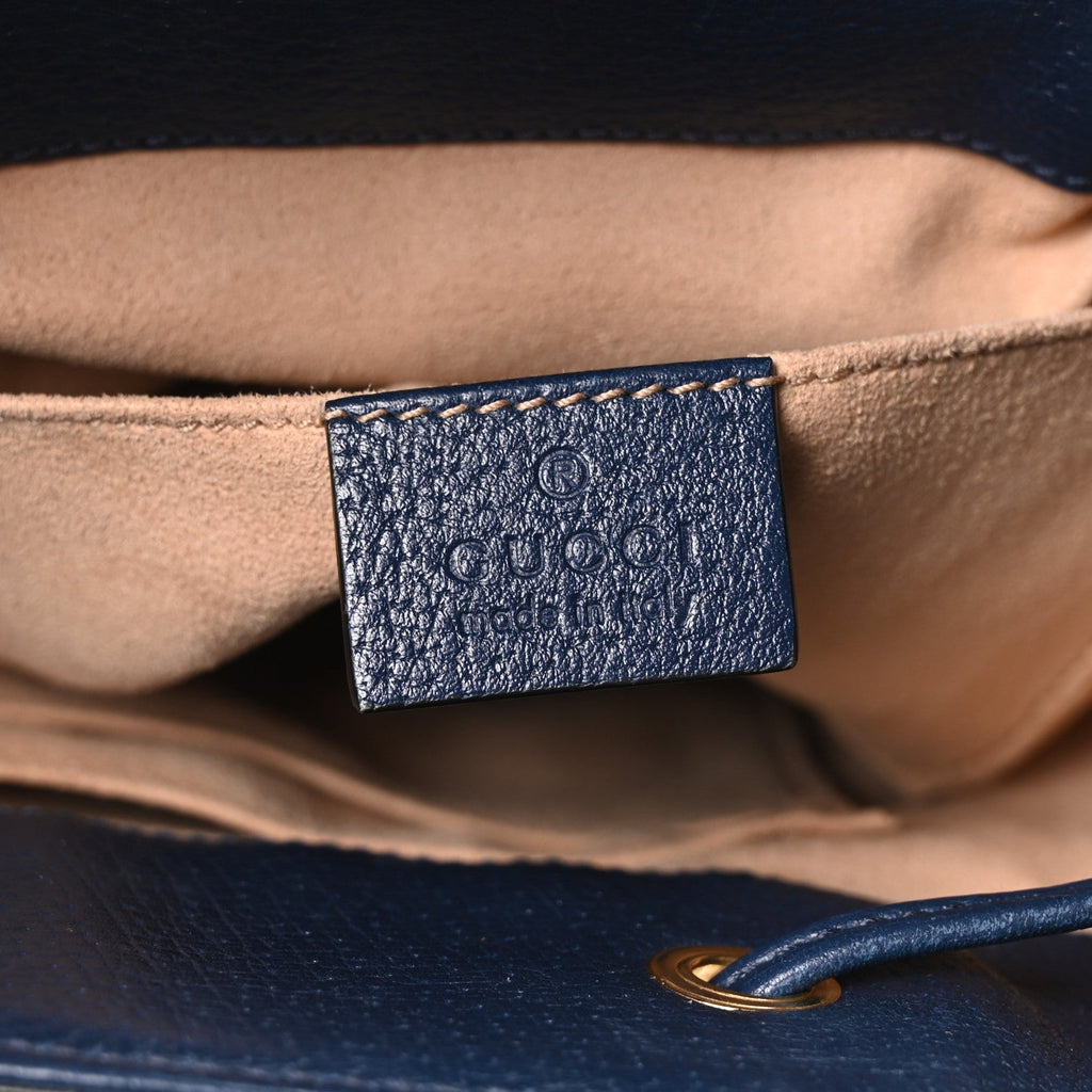 Soft Textured Calfskin Web Small Ophidia Bucket Bag Blue Agata