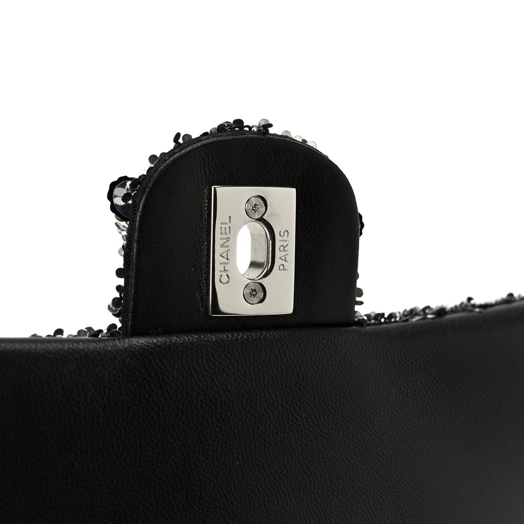 Sequin Camellia Small Single Flap Silver Black