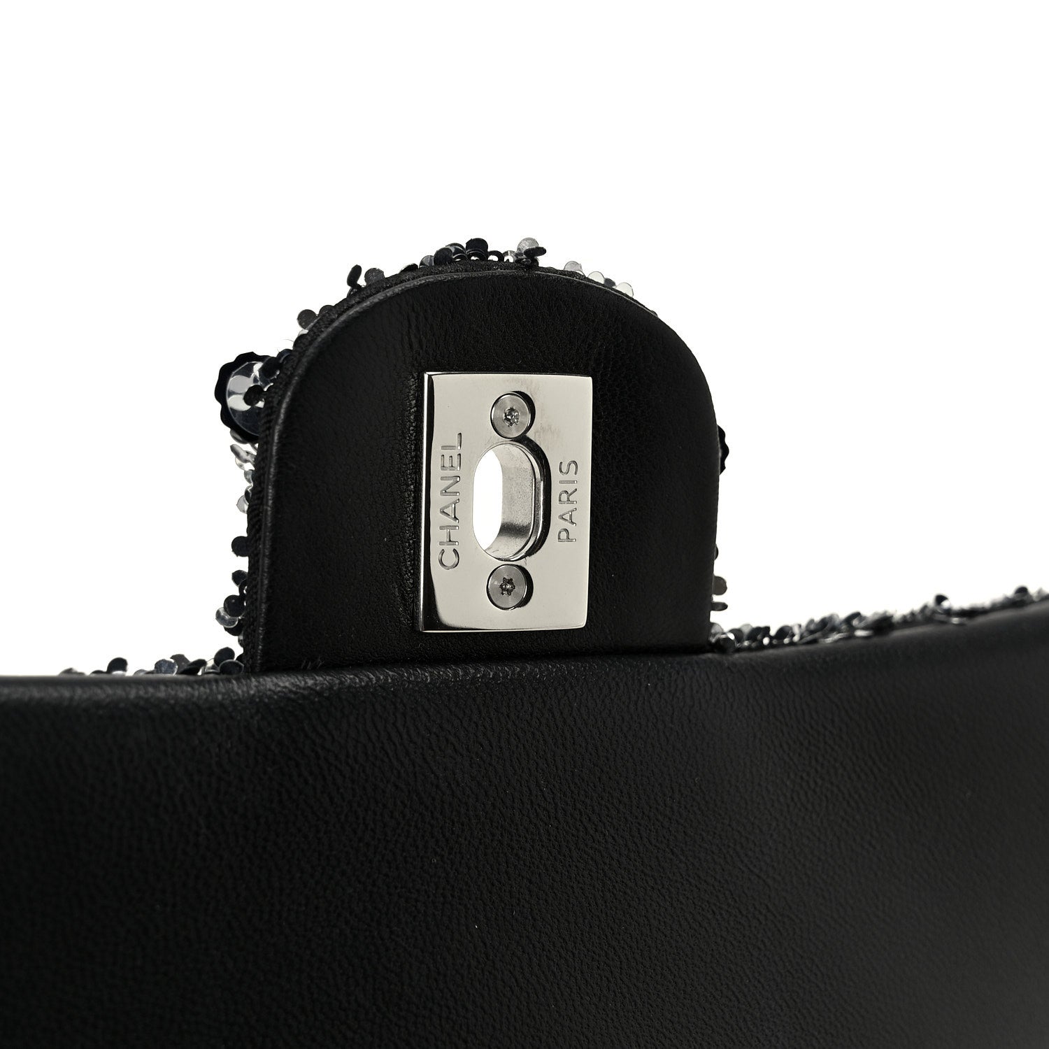 Sequin Camellia Small Single Flap Silver Black