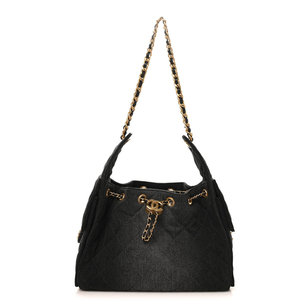 Washed Denim Quilted Small Chanel 25 Handbag Black