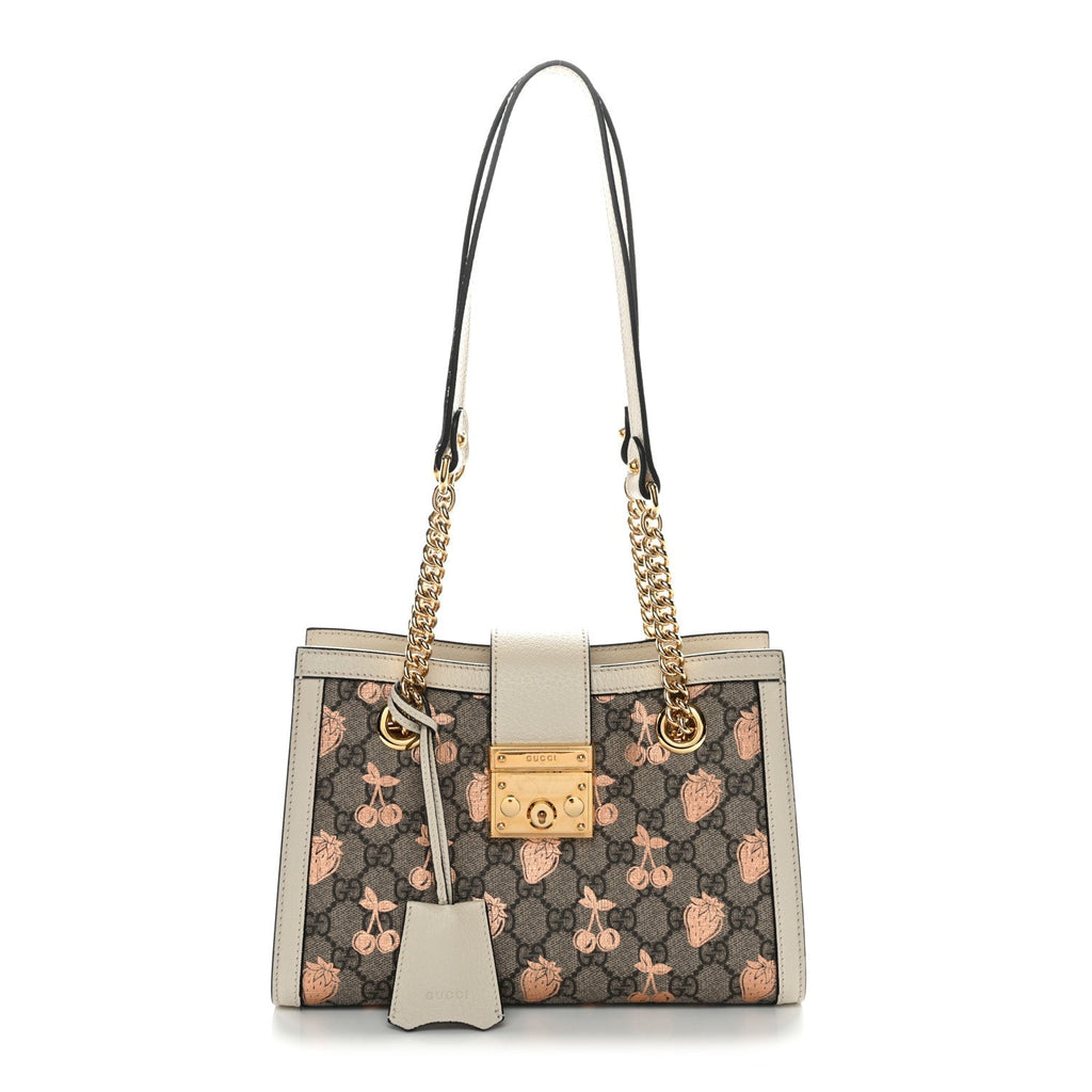 GG Supreme Monogram Berry Textured Dollar Calfskin Small Padlock Tote Beige Ebony Light Copper Mystic White