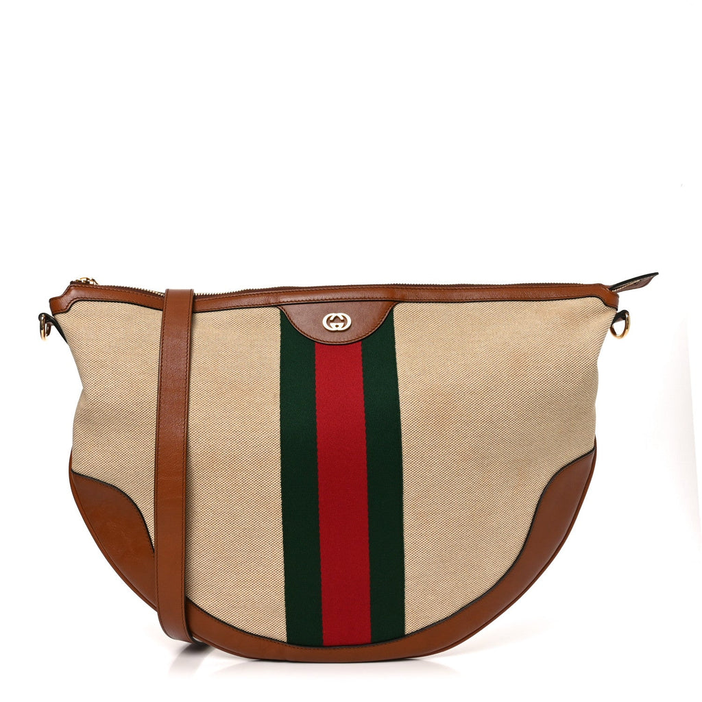 Vintage Canvas Calfskin Web Large Ophidia Half Moon Hobo Sand Light Cuir