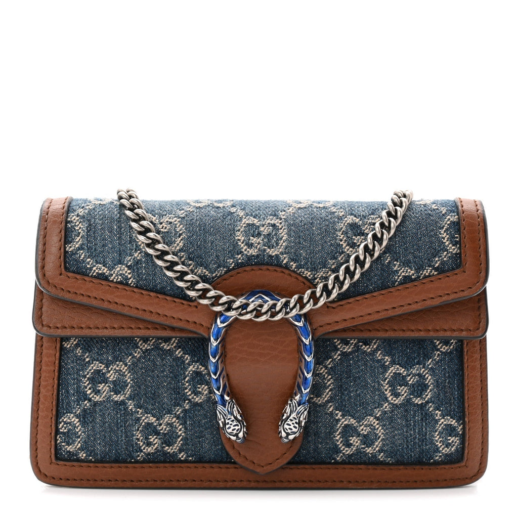 New Denim GG Monogram Dollar Calfskin Enamel Super Mini Dionysus Shoulder Bag Blue Tea Cuir Epilog Electric Blue