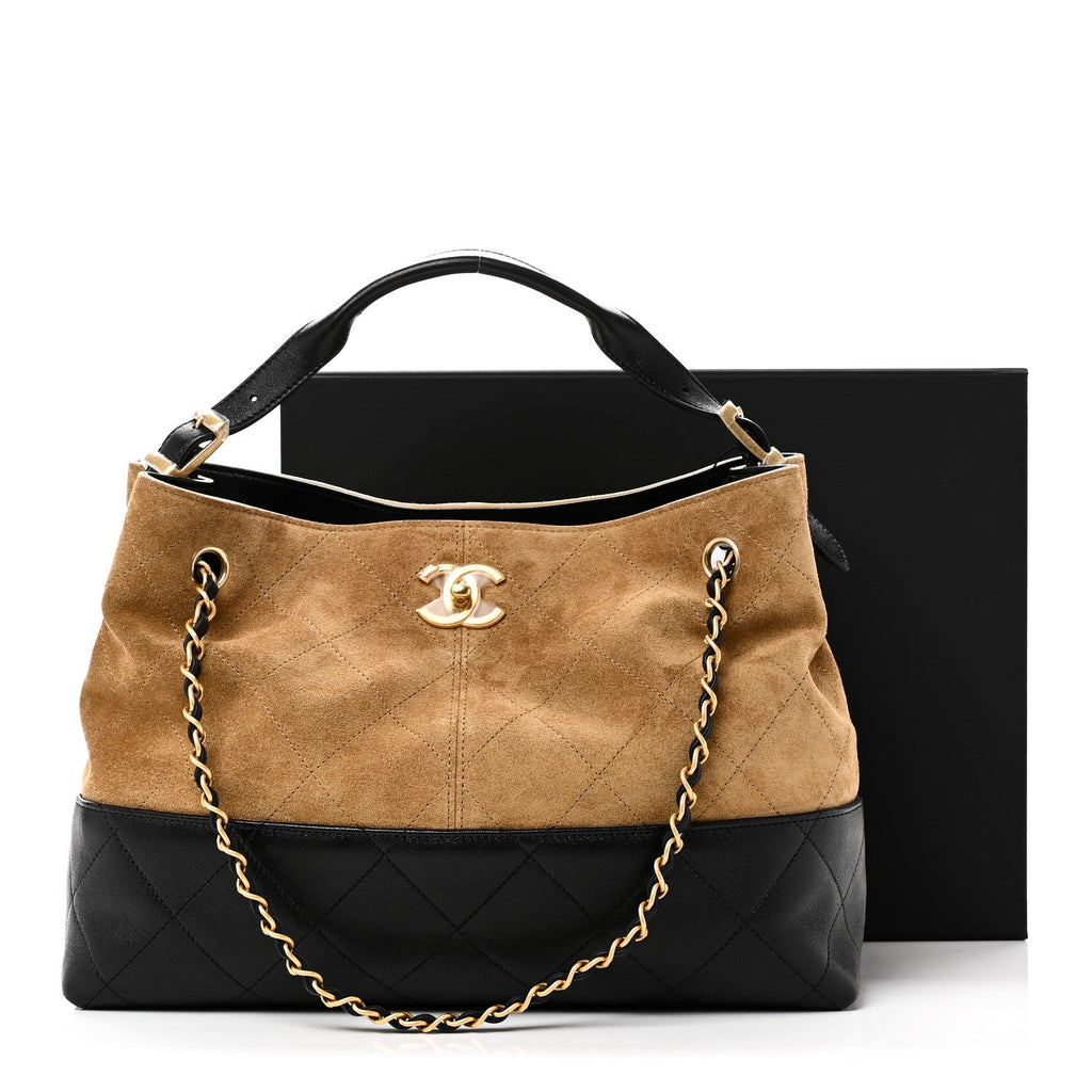 Suede Calfskin Shiny Lambskin Quilted Small Coco Base Shopping Bag Beige Black