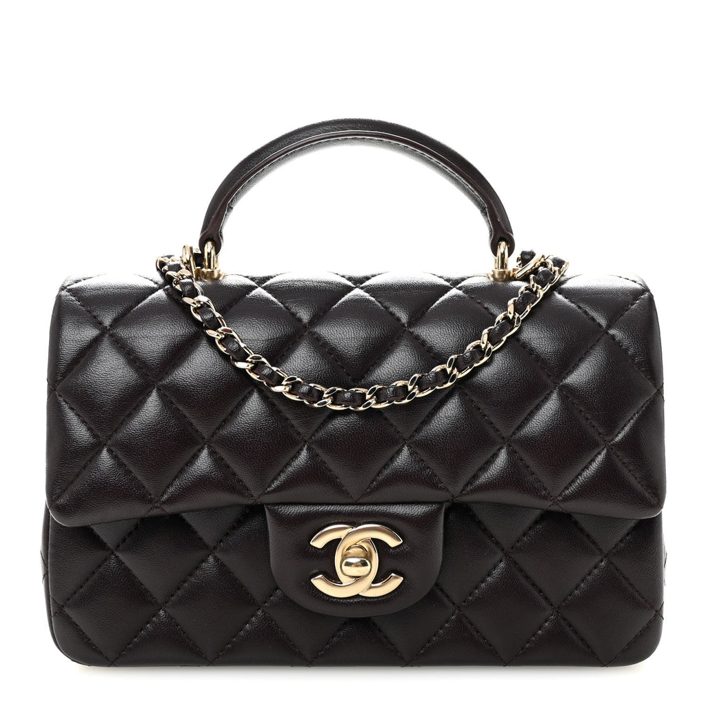 Lambskin Quilted Mini Top Handle Rectangular Flap Dark Purple