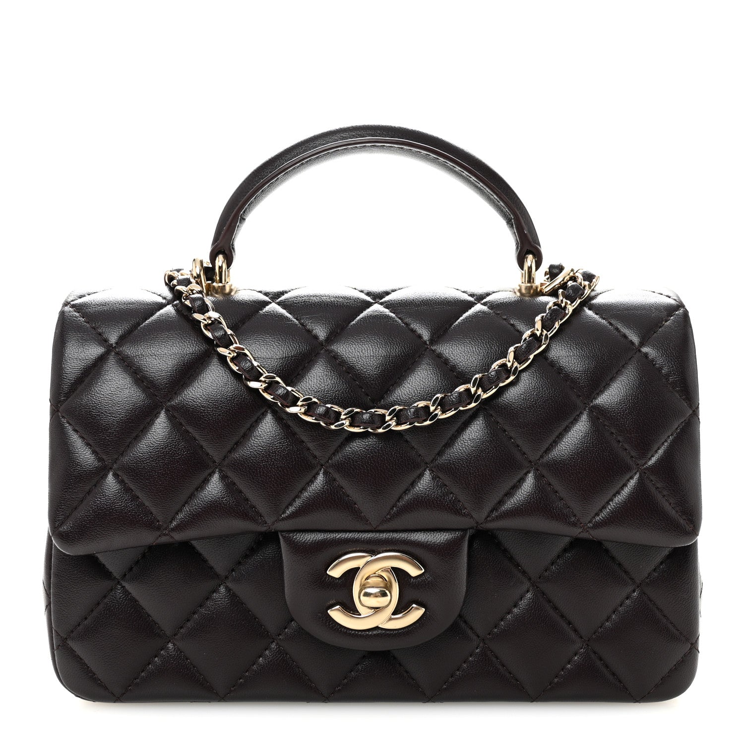 Lambskin Quilted Mini Top Handle Rectangular Flap Dark Purple