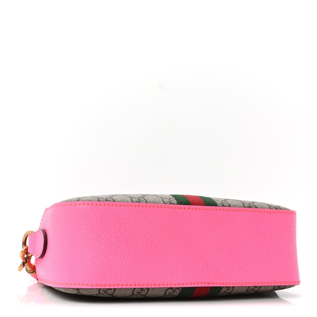 GG Supreme Monogram Textured Dollar Calfskin Web Ophidia Small Crossbody Bag Beige Ebony Fuchsia