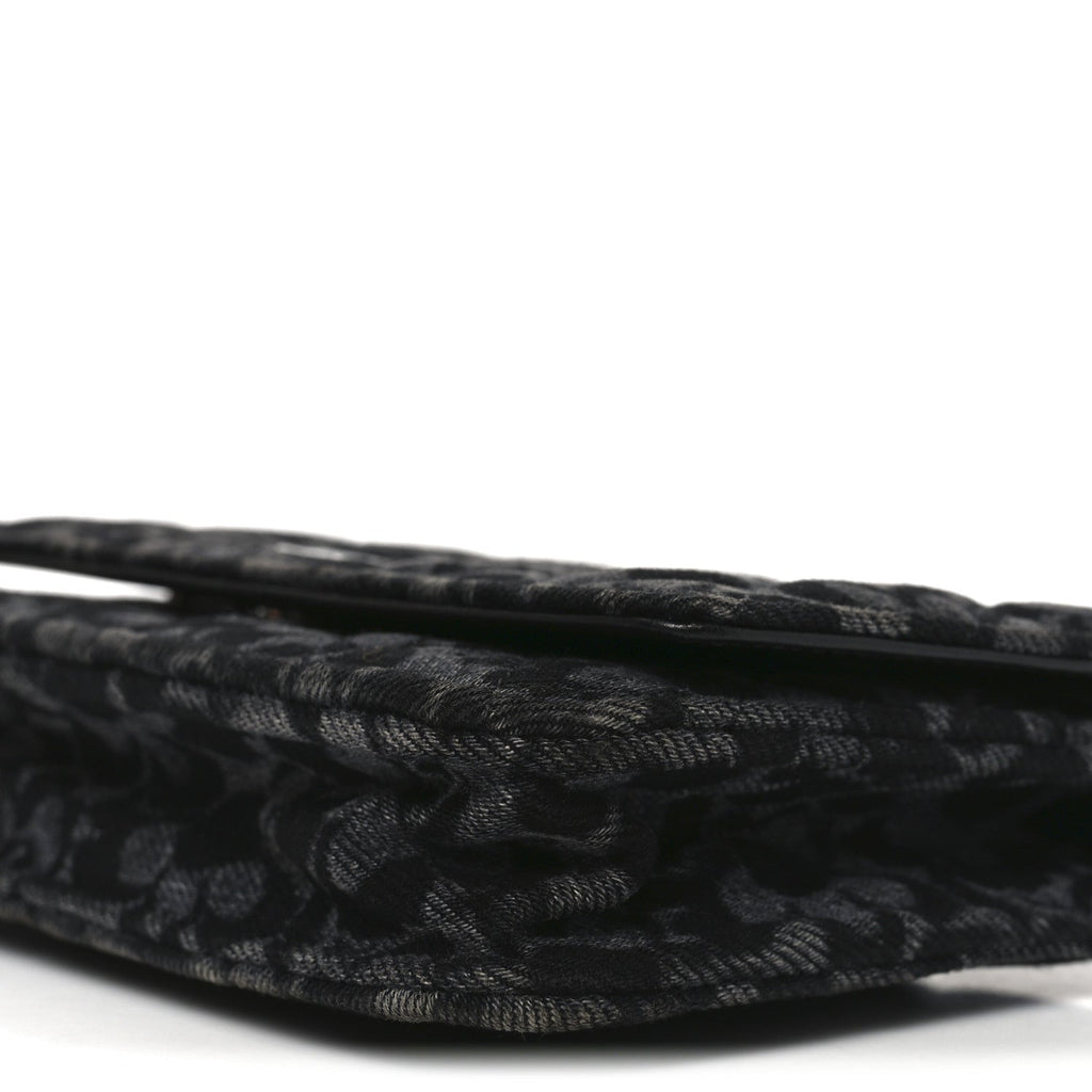 Printed Denim Quilted Flower Wallet On Chain WOC Black