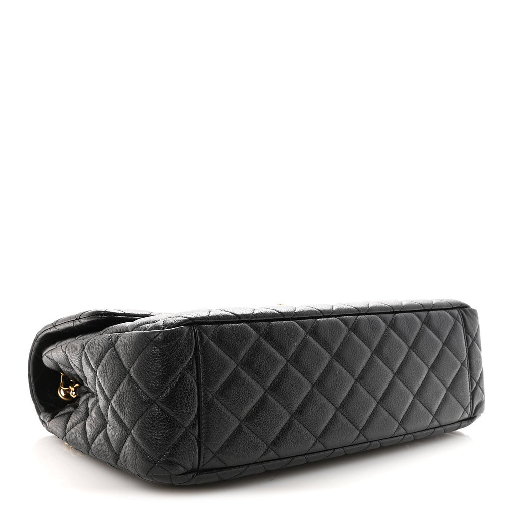 Grained Calfskin Quilted XXL Travel Flap Bag Black