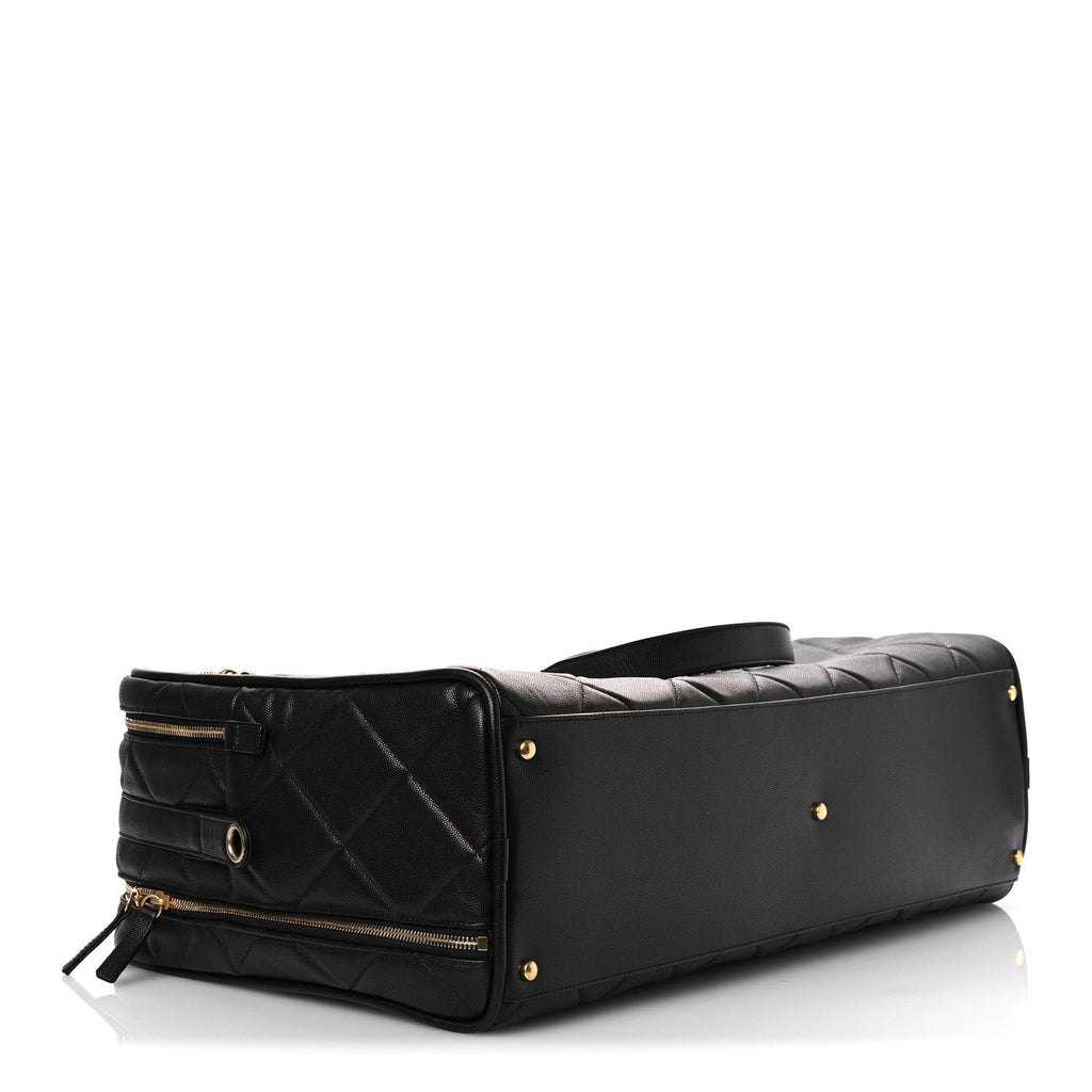 Shiny Grained Calfskin Quilted Large Travel Bowling Bag Black