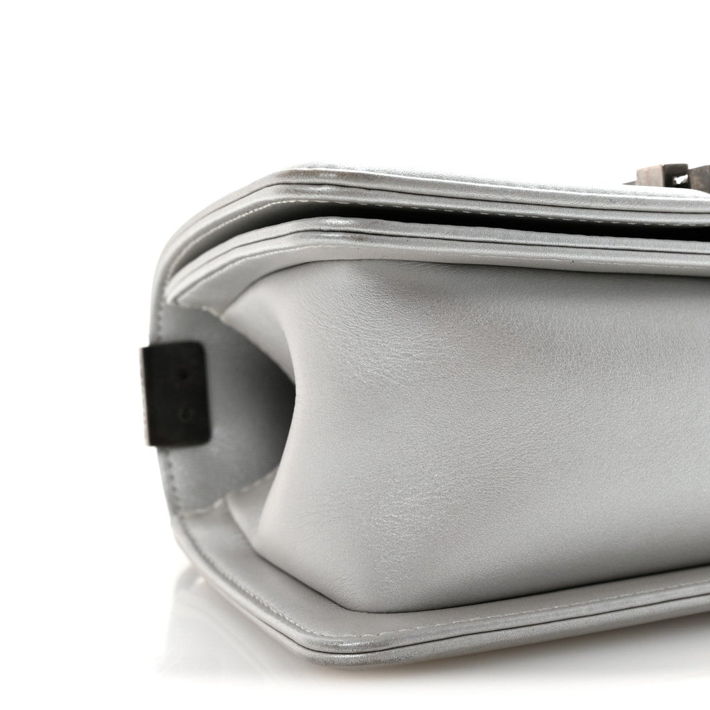 Metallic Calfskin Quilted Small Boy Flap Silver