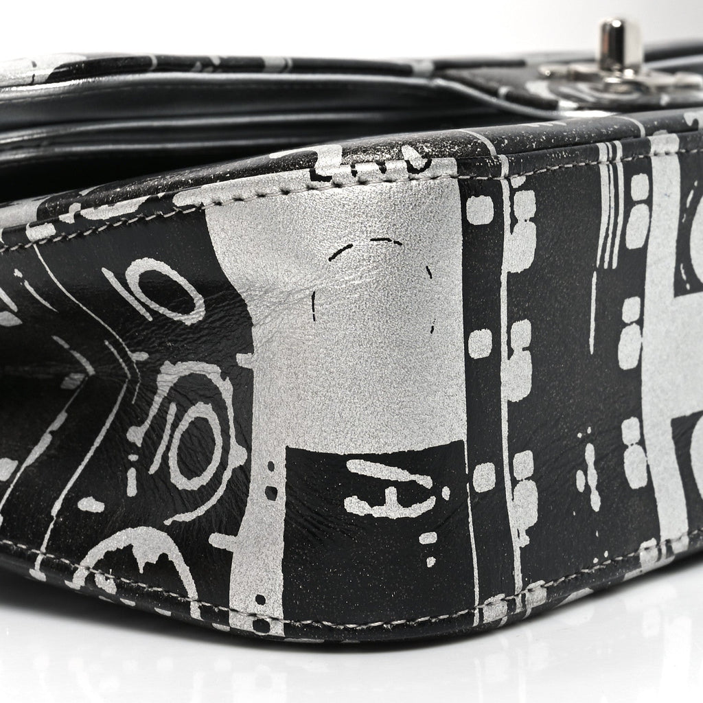 Lambskin Graffiti Printed Medium Double Flap Black Silver