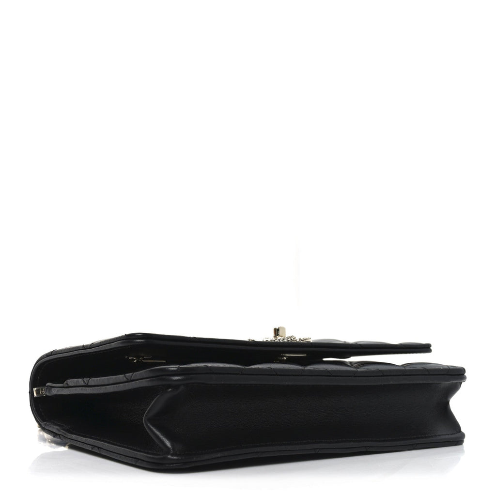 Lambskin Quilted Crystal Handle Wallet On Chain WOC Black