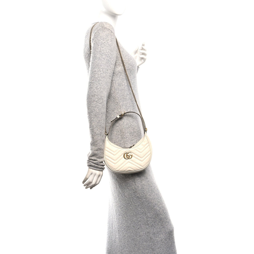 Calfskin Matelasse Chevron Mini GG Marmont Half Moon Hobo Mystic White