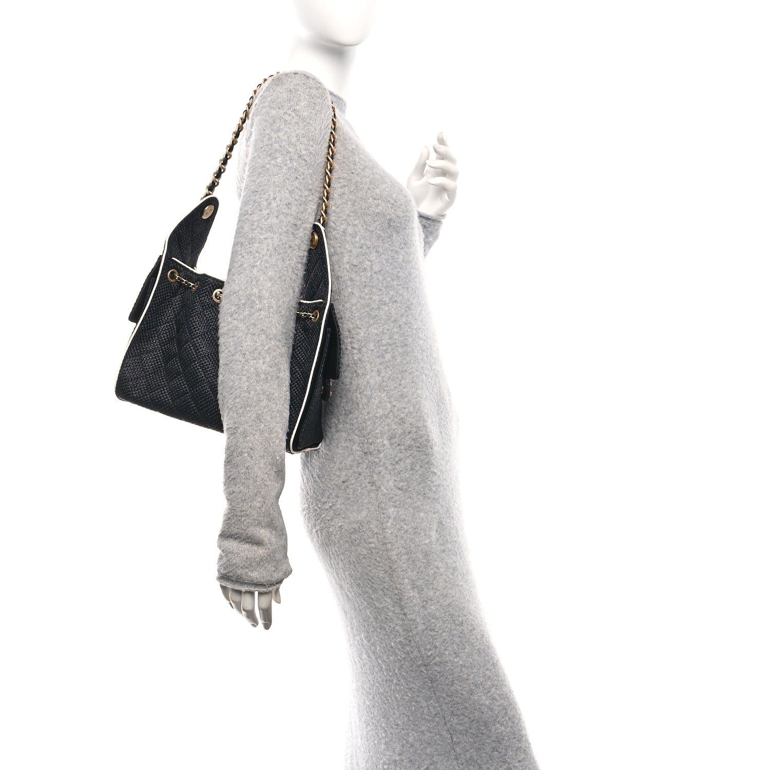 Braided Raffia Calfskin Small Chanel 25 Handbag Black White
