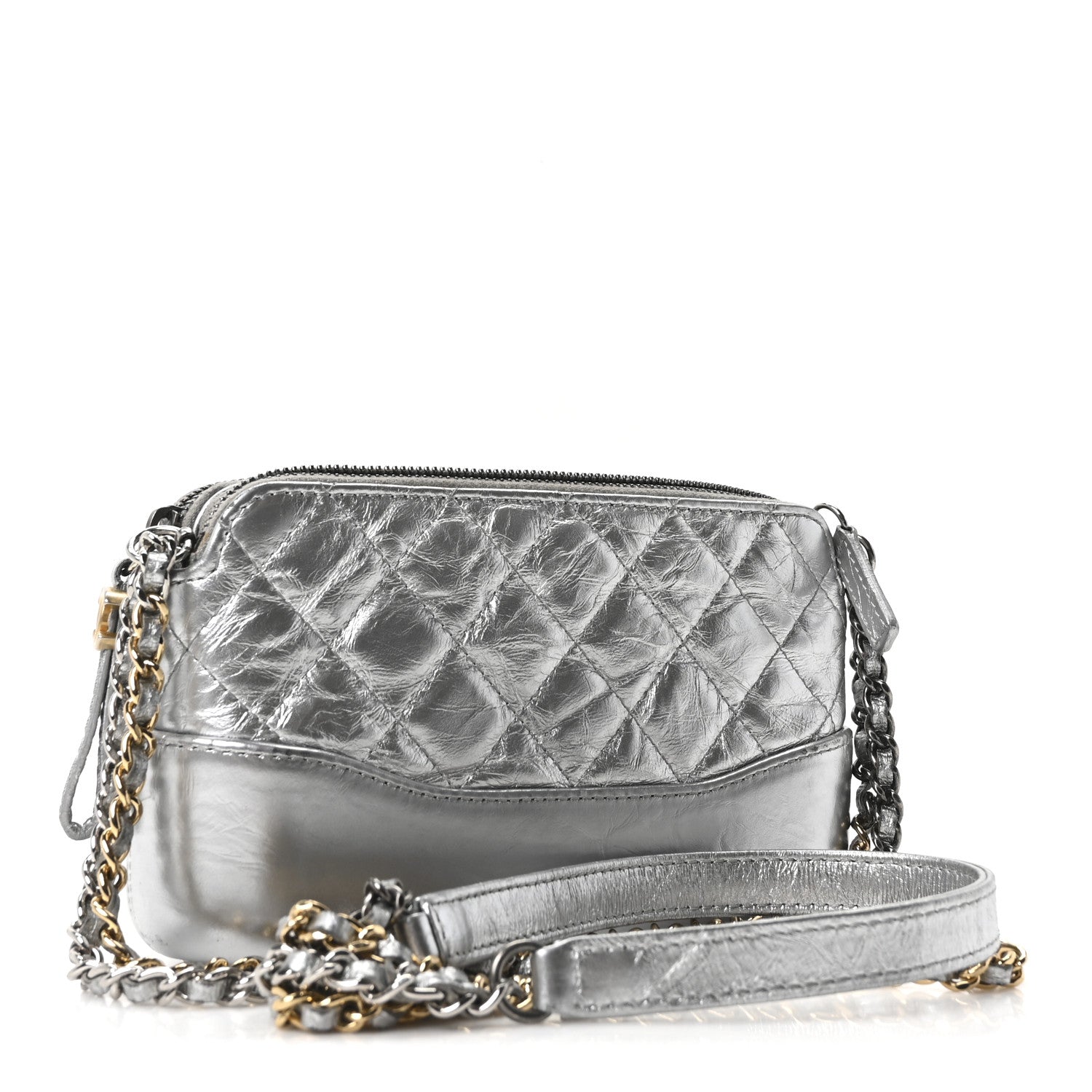 Metallic Lambskin Calfskin Quilted Small Gabrielle Clutch With Chain Silver