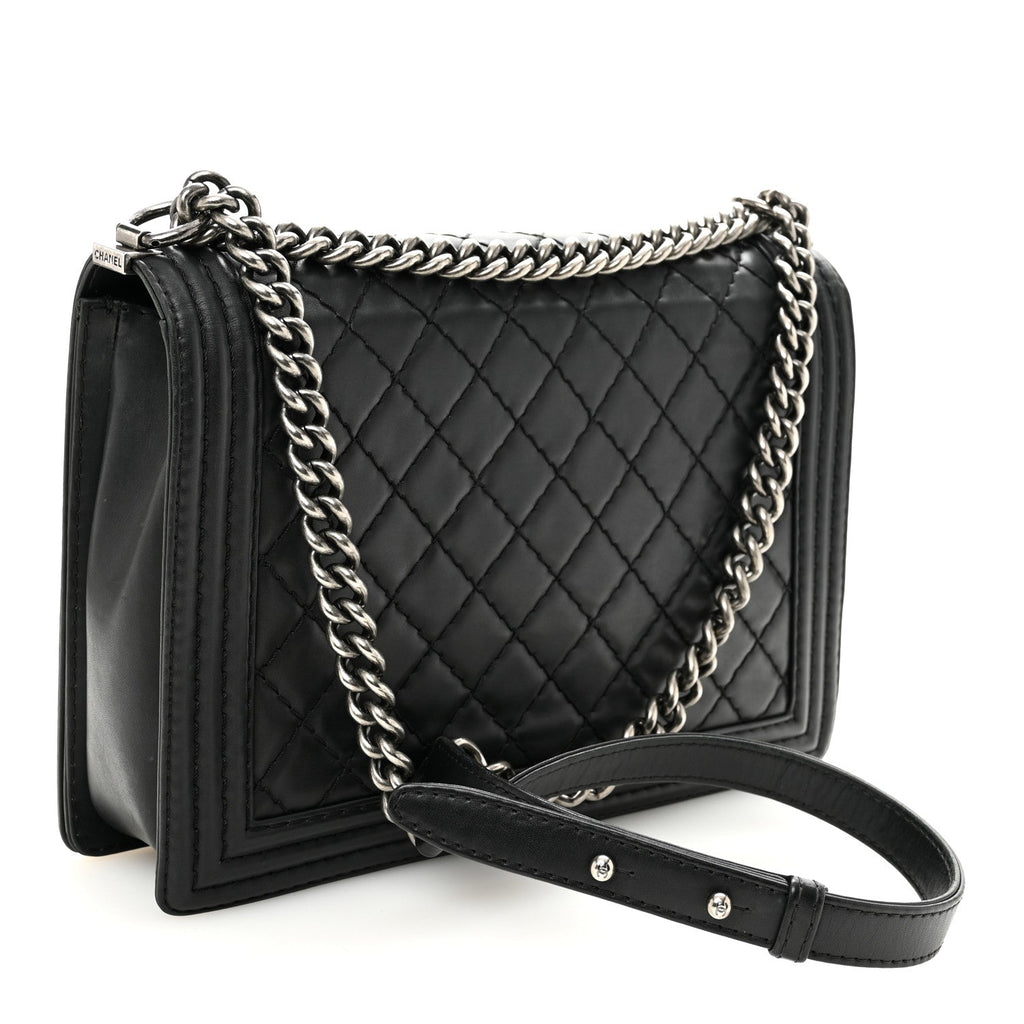 Calfskin Double Stitch Large Boy Flap Black