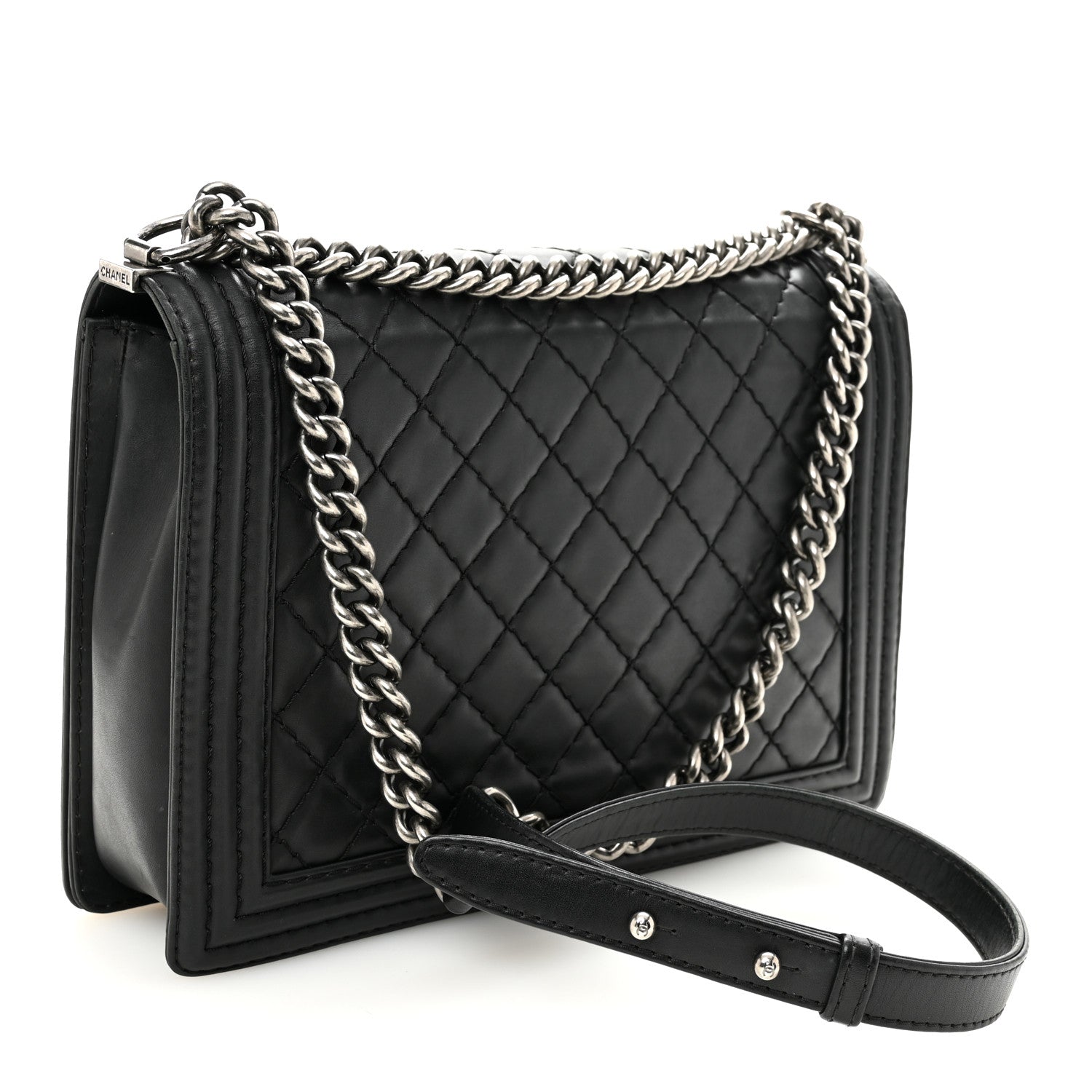 Calfskin Double Stitch Large Boy Flap Black