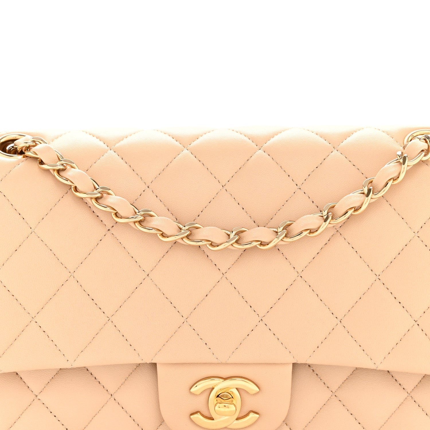Lambskin Quilted Medium Double Flap Beige