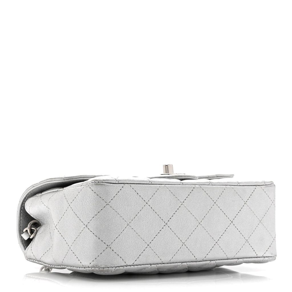 Metallic Lambskin Quilted Mini Rectangular Flap Silver