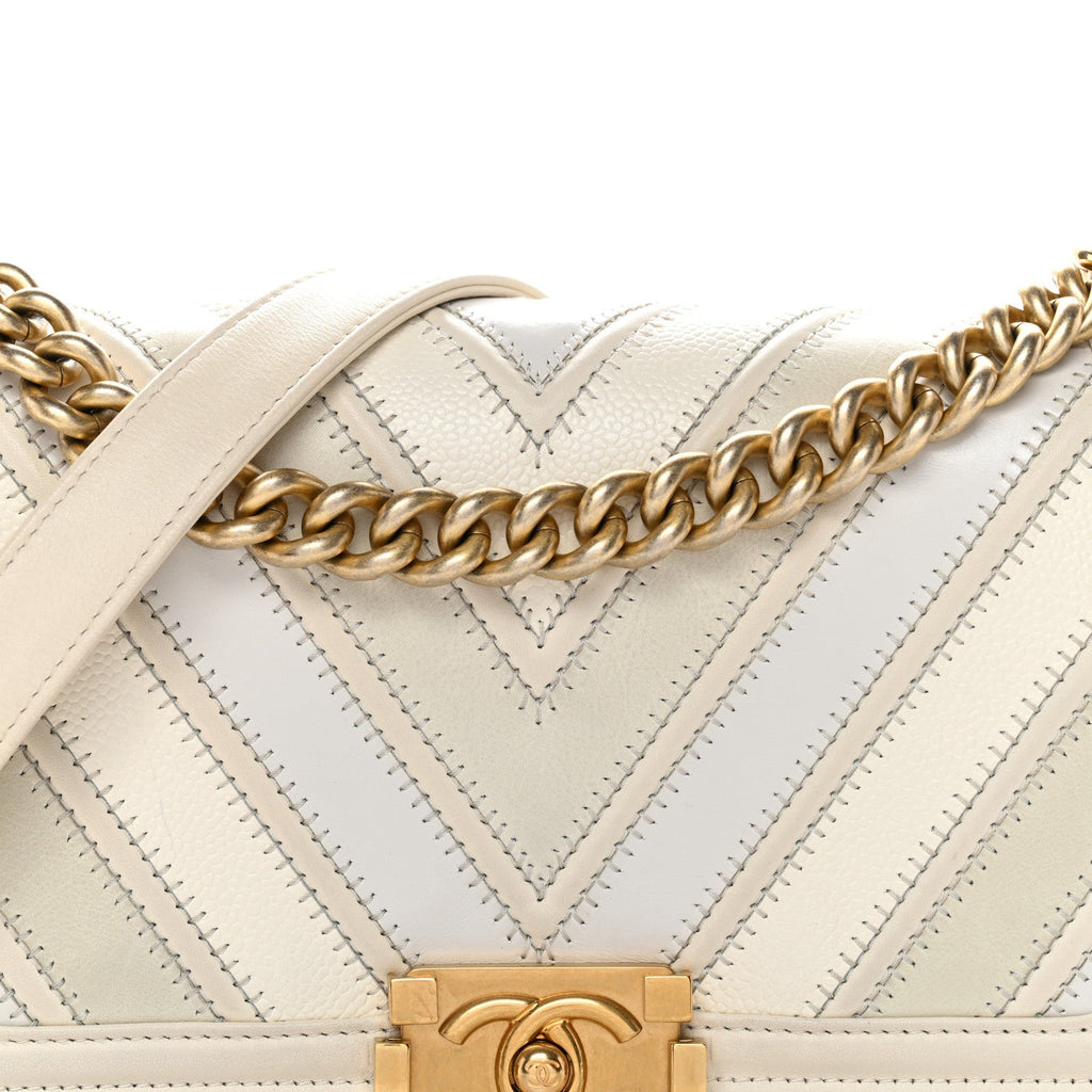 Caviar Suede Calfskin Chevron Medium Boy Flap White