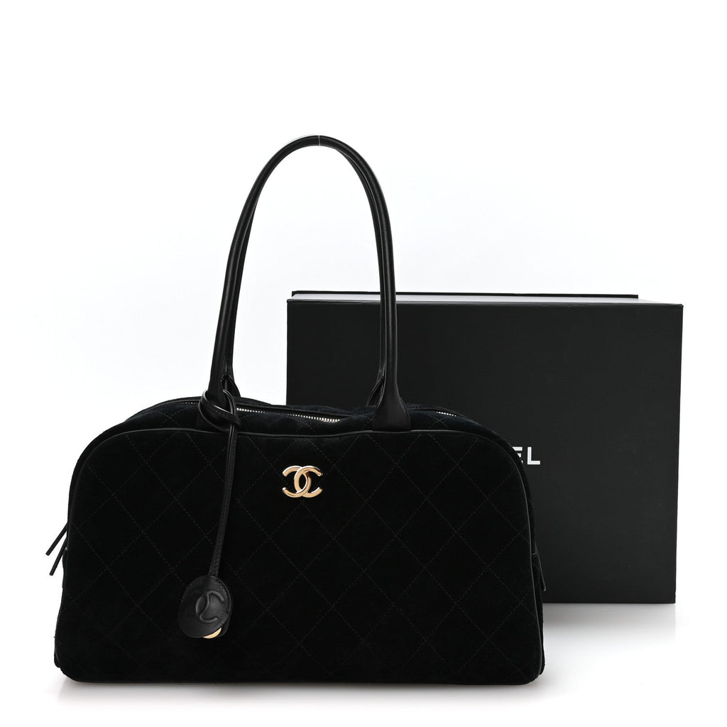 Suede Calfskin Large Perfect Bowling Bag Black