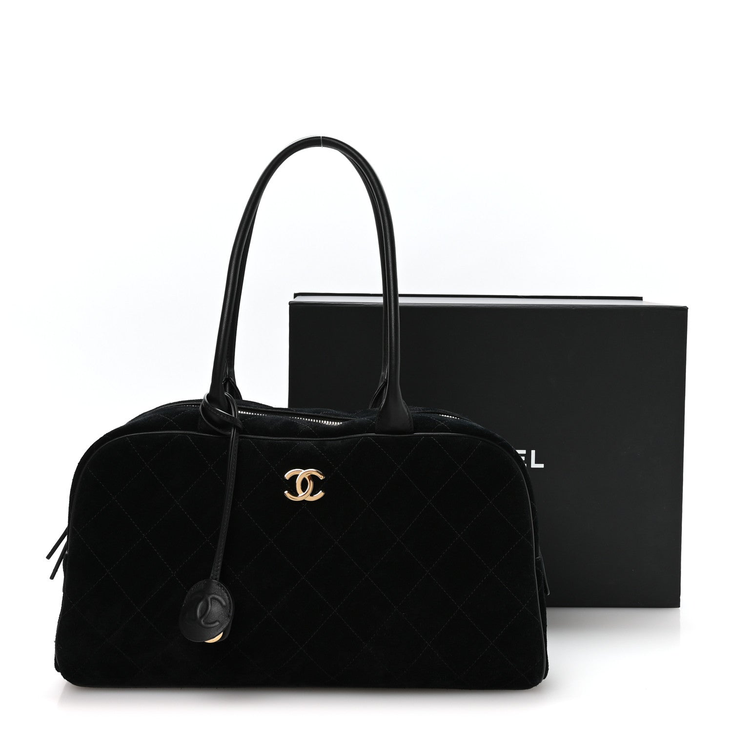 Suede Calfskin Large Perfect Bowling Bag Black