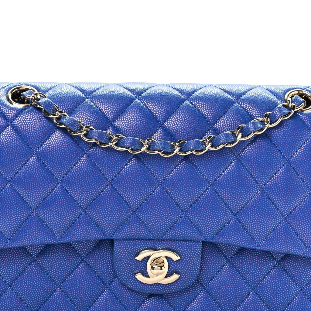 Iridescent Caviar Quilted Medium Double Flap Blue