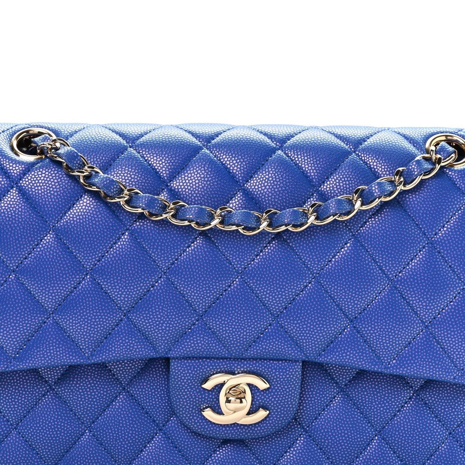 Iridescent Caviar Quilted Medium Double Flap Blue