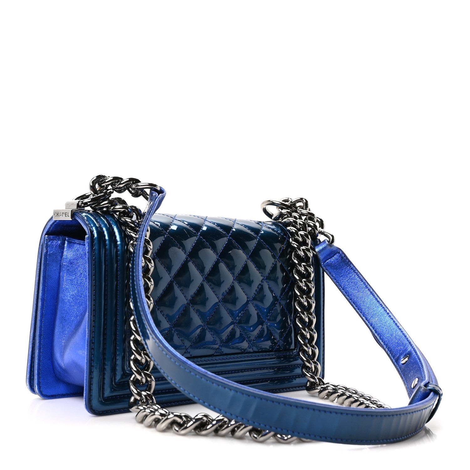 Metallic Patent Calfskin Quilted Small Boy Flap Blue