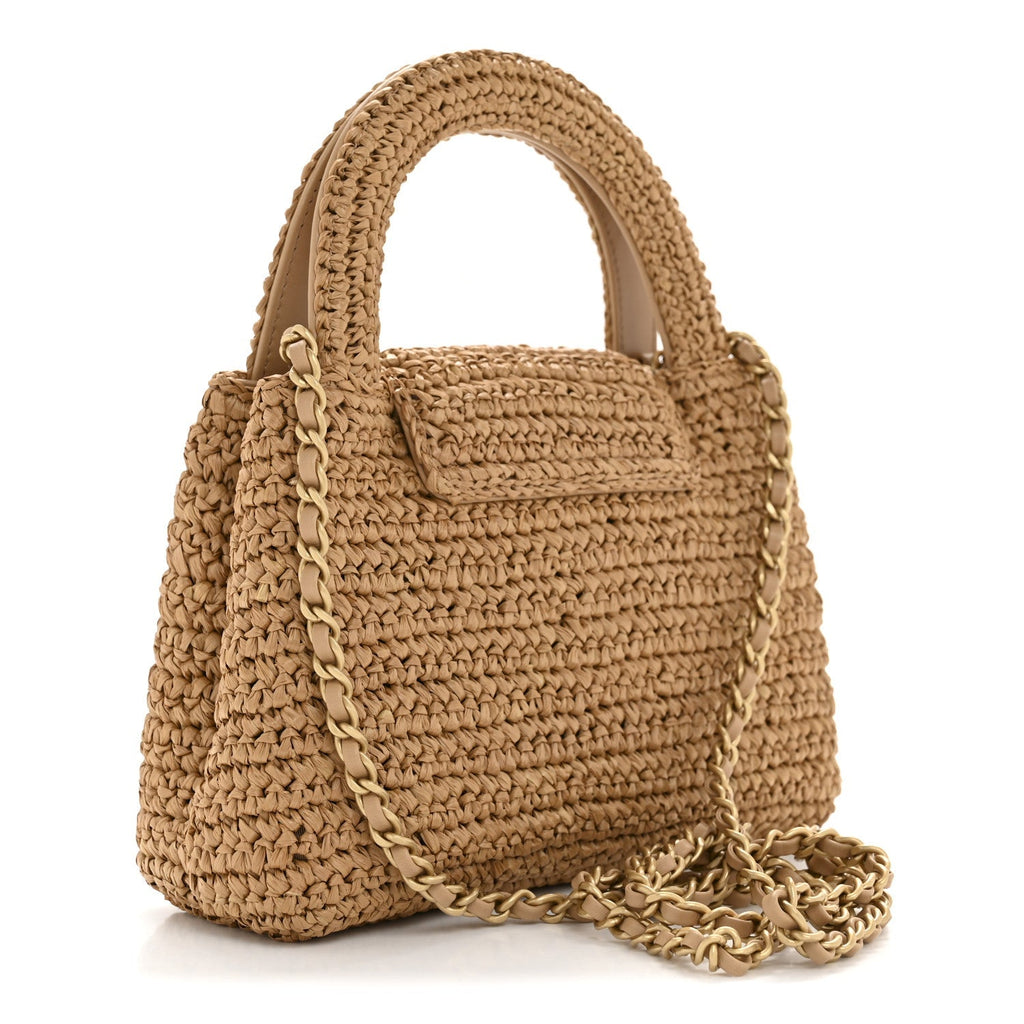 Braided Raffia Nano Kelly Flap Bag Dark Beige
