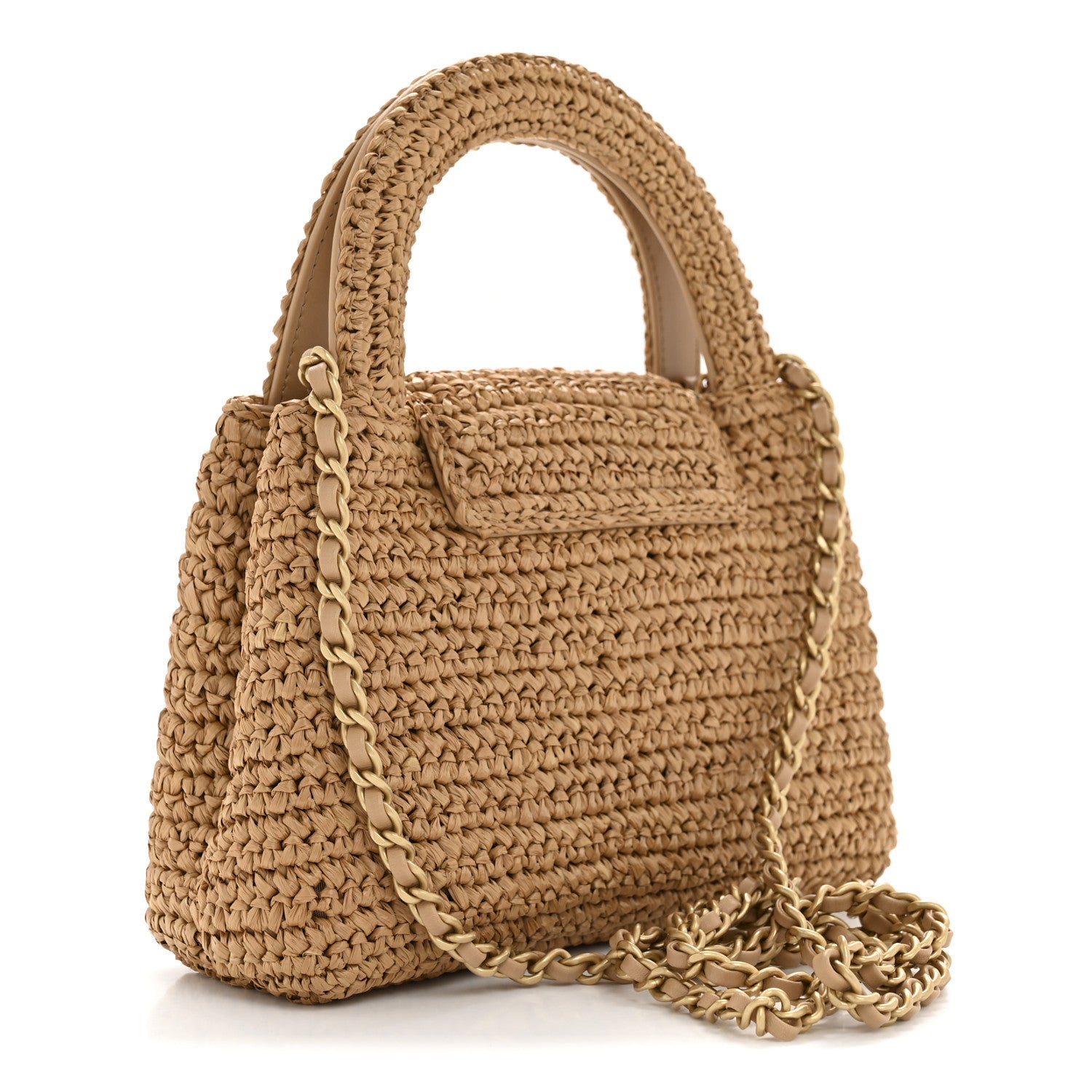 Braided Raffia Nano Kelly Flap Bag Dark Beige