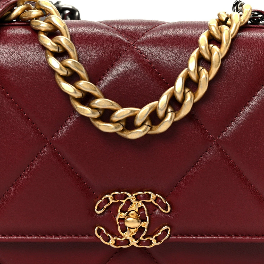 Lambskin Quilted Chanel 19 Wallet On Chain WOC Burgundy