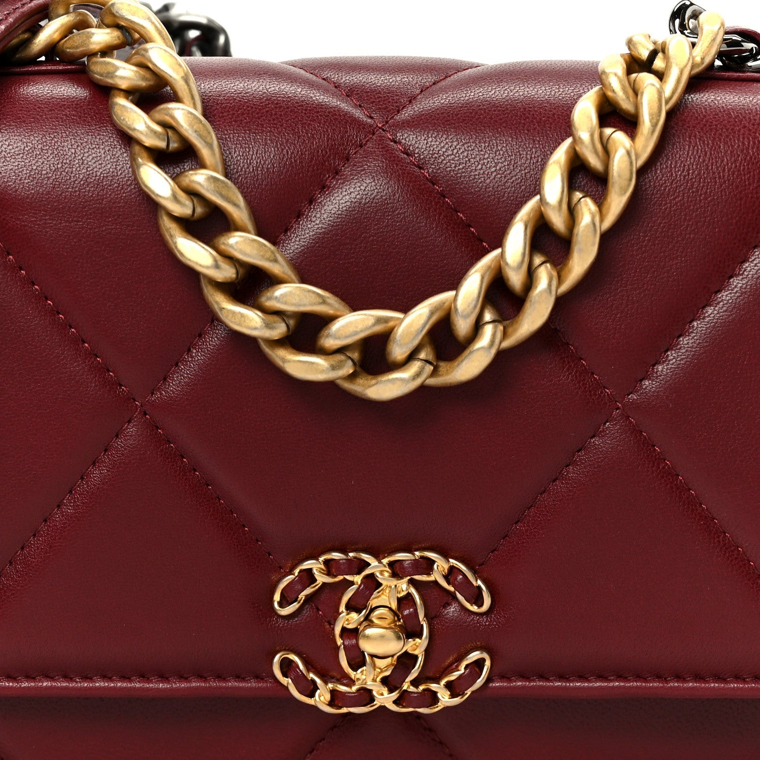 Lambskin Quilted Chanel 19 Wallet On Chain WOC Burgundy
