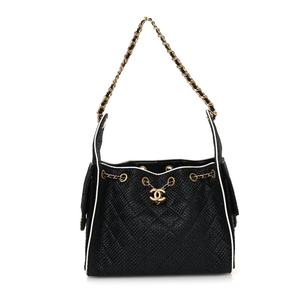 Braided Raffia Calfskin Small Chanel 25 Handbag Black White